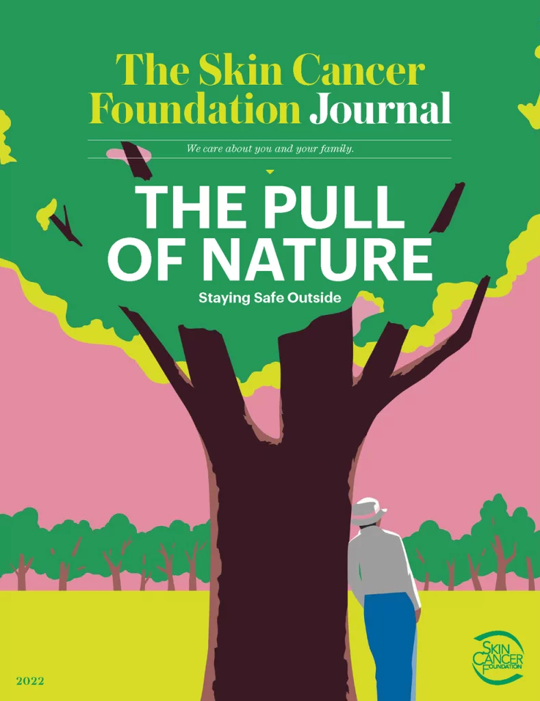 Art cover of Skin Cancer Foundation Journal 2022 featuring an illustration of a man leaning on a tree