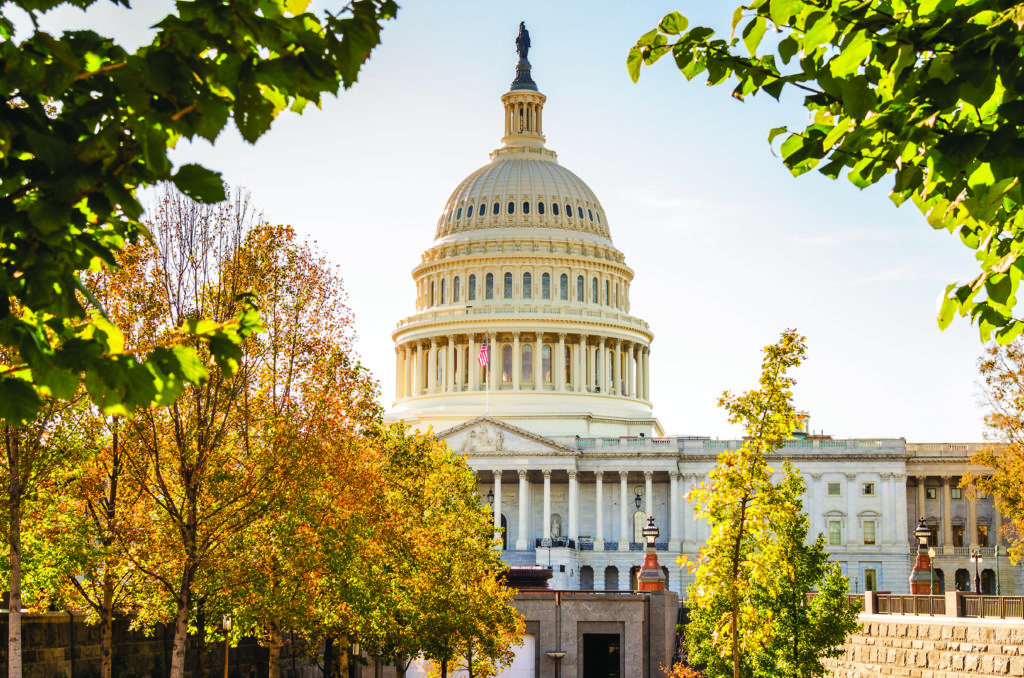 Blick auf das Capitol Building in Washington DC warm beleuchtet von einer herbstlichen Nachmittagssonne. Einige bunte Bäume sind im Vordergrund.