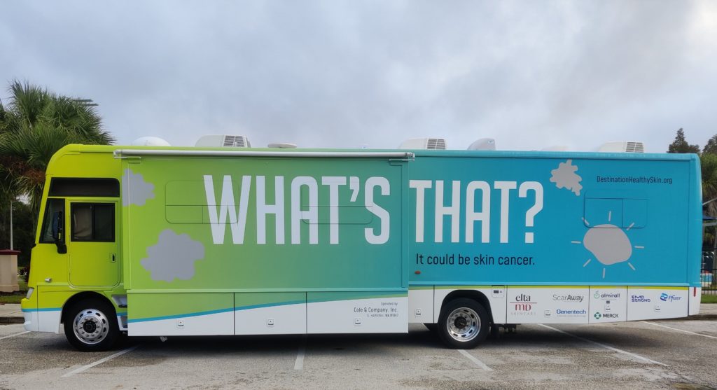 Destination Healthy Skin RV with 'What's That? It could be skin cancer' printed on the side