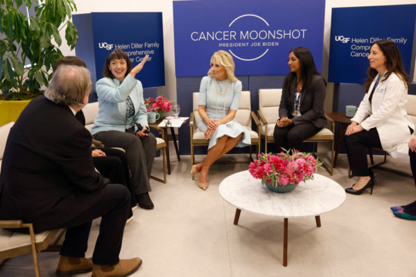 First Lady Jill Biden at a Cancer Moonshot event in 2022. At the event, Dr. Biden said she and President Biden reignited the Cancer Moonshot "with a bold ambition: to build a world where the word cancer forever loses its power."