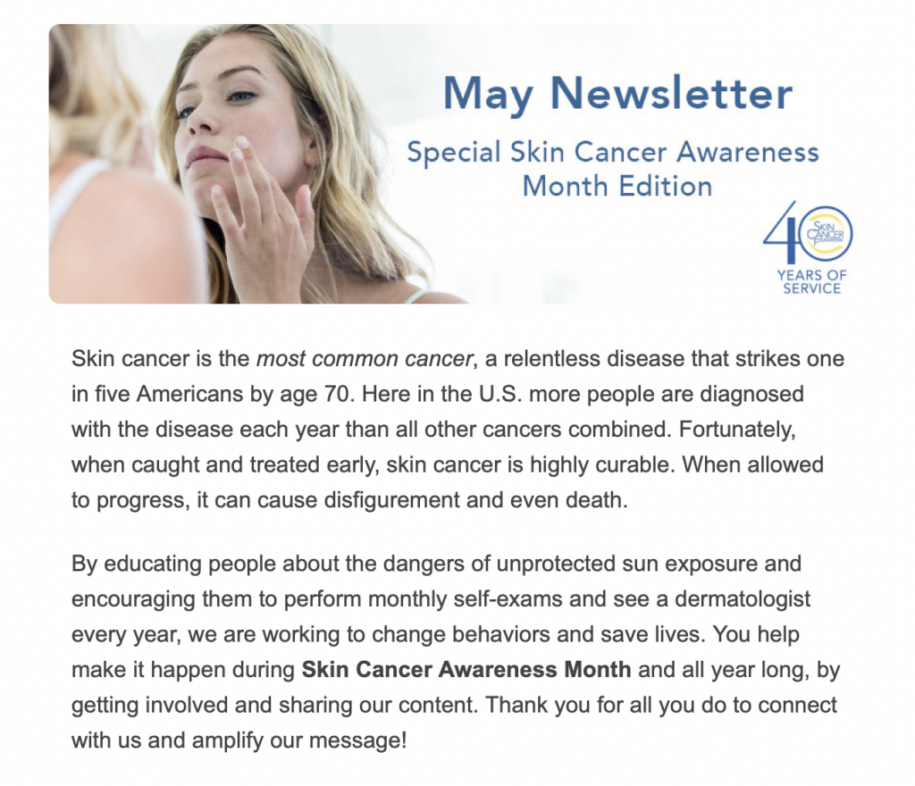 Artwork May Skin Cancer Foundation Newsletter with 40th birthday logo