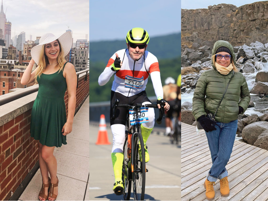 Picture of a woman wearing a white hat, a man ridding a bicycle and a woman wearing a heavy jacket