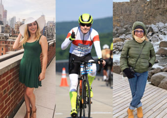 Picture of a woman wearing a white hat, a man ridding a bicycle and a woman wearing a heavy jacket